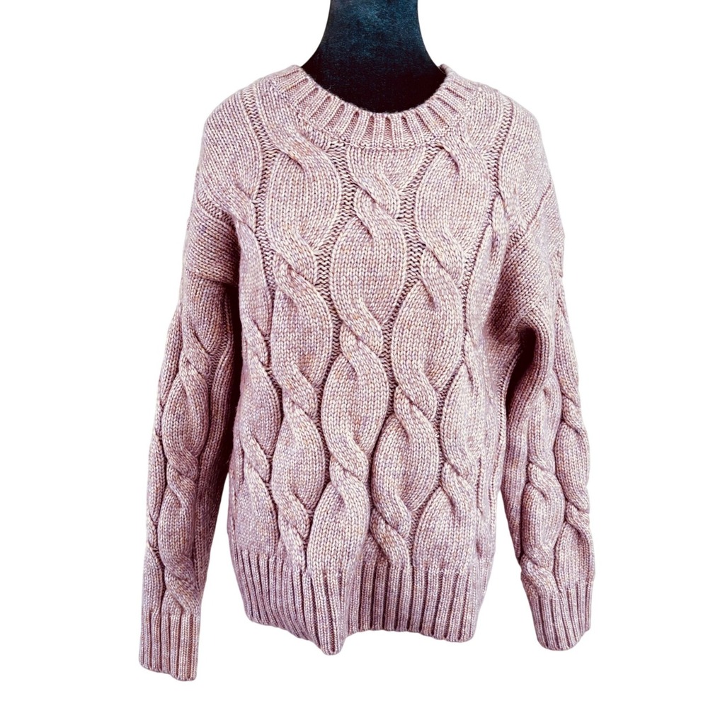 Evereve Cozycore Soft Girl Pink Marled Cable Knit Oversized Wool Blend Sweater L